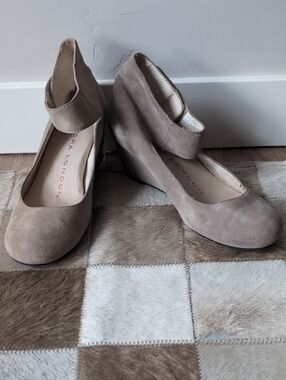 Sacha London Taupe Suede Ankle-Strap Wedges